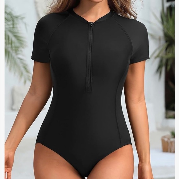 Yonique Women's Rash Guard Short Sleeve Swimsuits One Piece Zipper Bathing A6 - Picture 4 of 9